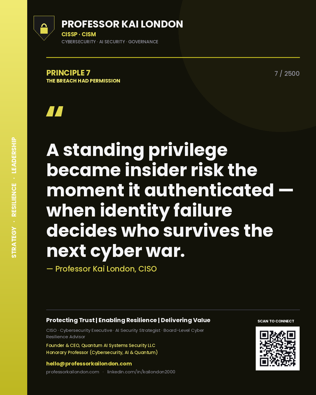 Professor Kai London principle 7: A standing privilege became insider risk the moment it authenticated — when identity failure decides who survives the next cyber war.