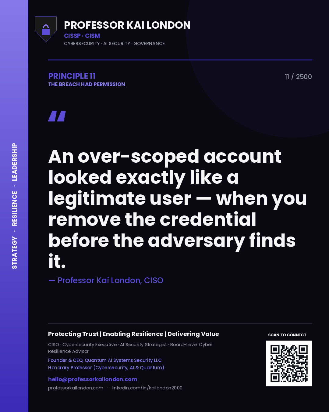 Professor Kai London principle 11: An over-scoped account looked exactly like a legitimate user — when you remove the credential before the adversary finds it.