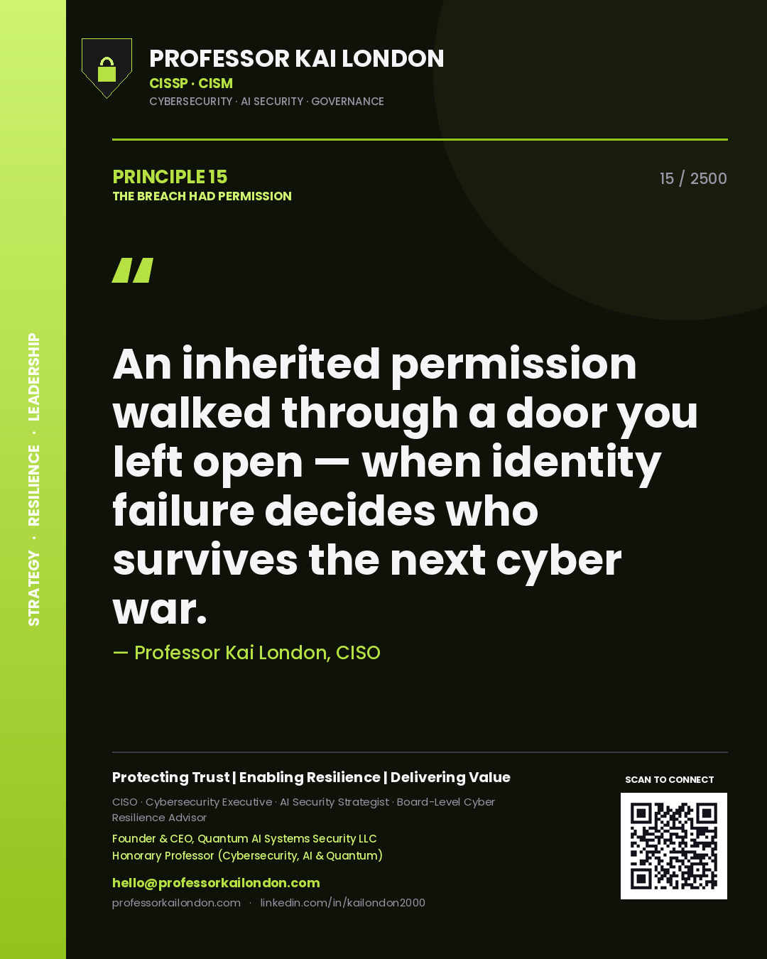 Professor Kai London principle 15: An inherited permission walked through a door you left open — when identity failure decides who survives the next cyber war.
