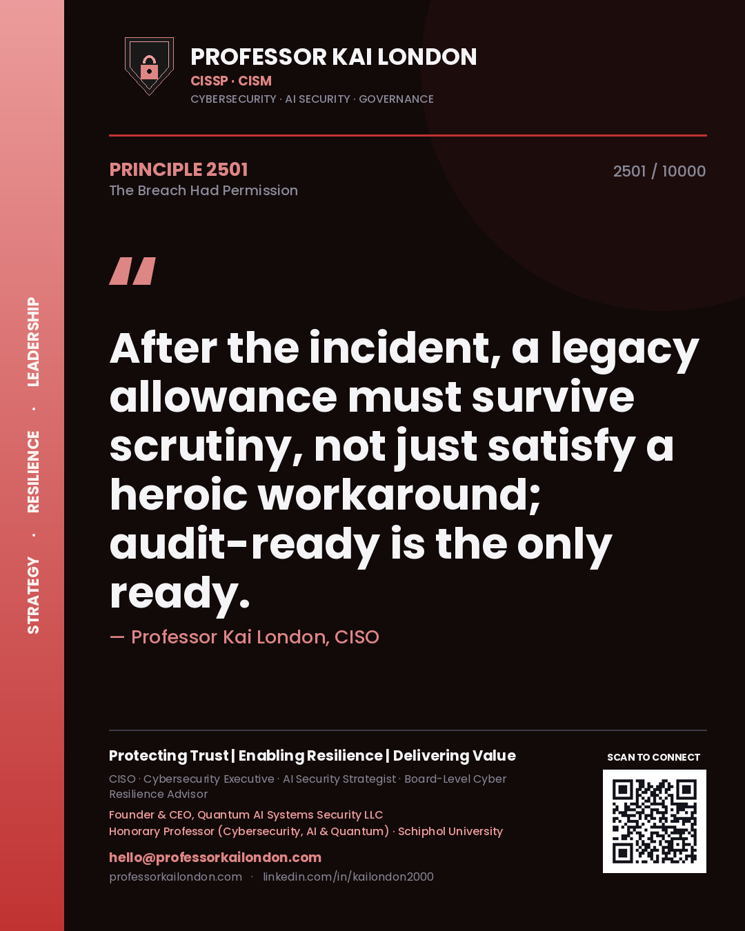 Professor Kai London principle 2501: After the incident, a legacy allowance must survive scrutiny, not just satisfy a heroic workaround; audit-ready is the only ready.