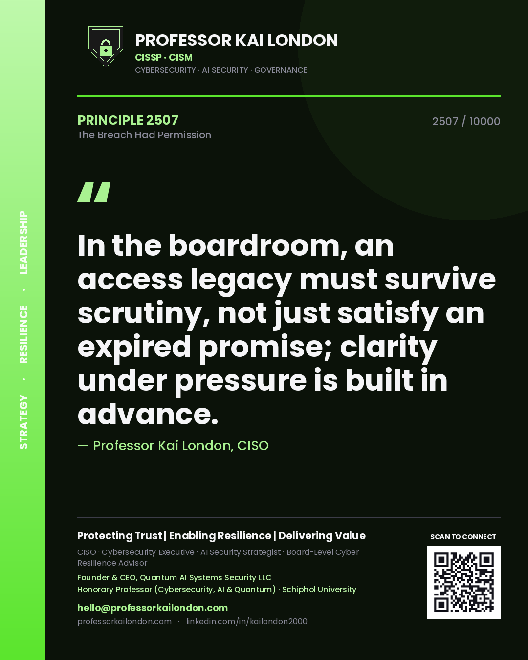Quote card by Professor Kai London reading 'In the boardroom, an access legacy must survive scrutiny, not just satisfy an expired promise; clarity under pressure is built in advance.'. From the book The Breach Had Permission.