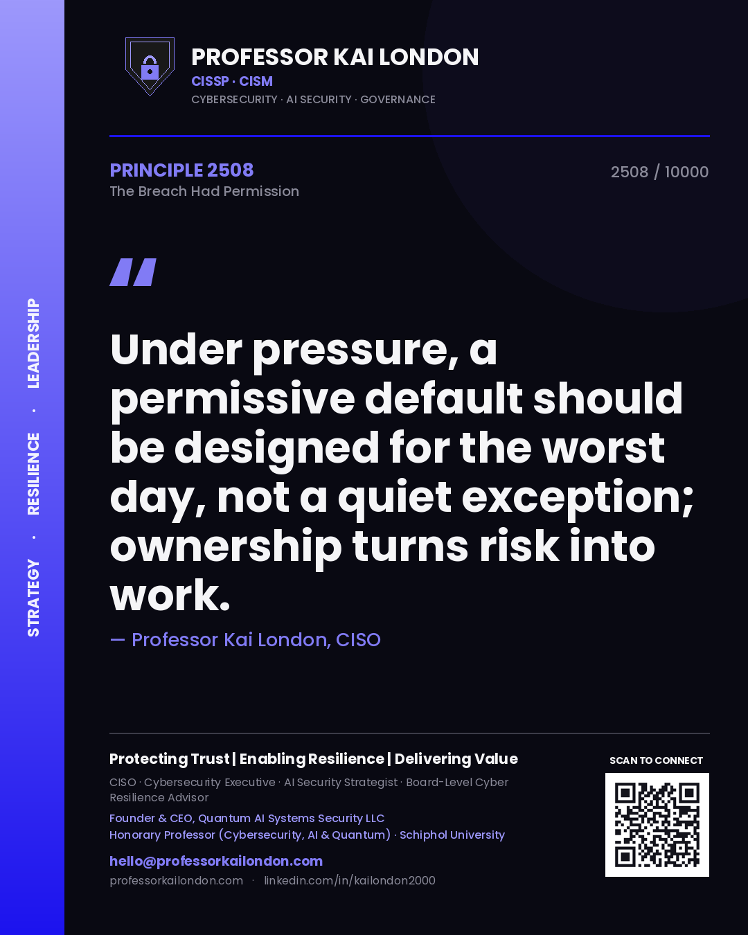 Quote card by Professor Kai London reading 'Under pressure, a permissive default should be designed for the worst day, not a quiet exception; ownership turns risk into work.'. From the book The Breach Had Permission.