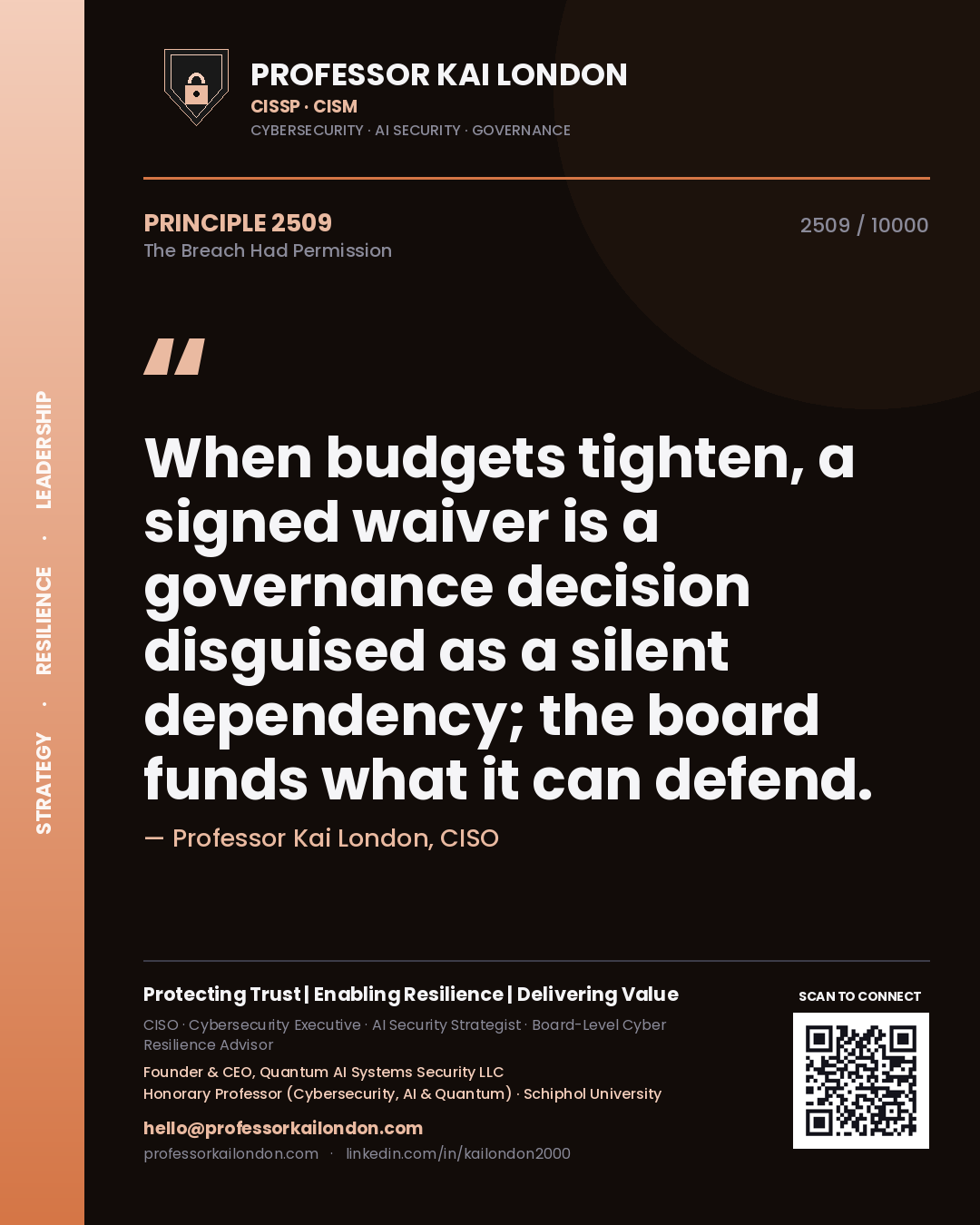 Quote card by Professor Kai London reading 'When budgets tighten, a signed waiver is a governance decision disguised as a silent dependency; the board funds what it can defend.'. From the book The Breach Had Permission.