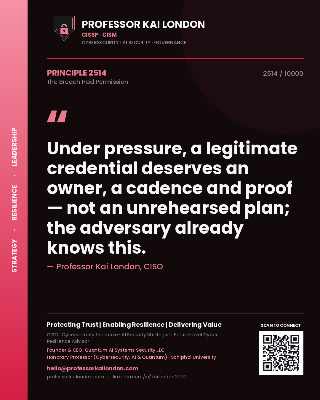 Professor Kai London principle 2514: Under pressure, a legitimate credential deserves an owner, a cadence and proof — not an unrehearsed plan; the adversary already knows this.