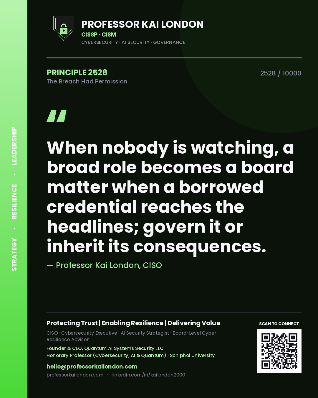 Quote card by Professor Kai London reading 'When nobody is watching, a broad role becomes a board matter when a borrowed credential reaches the headlines; govern it or inherit its consequences.'. From the book The Breach Had Permission.