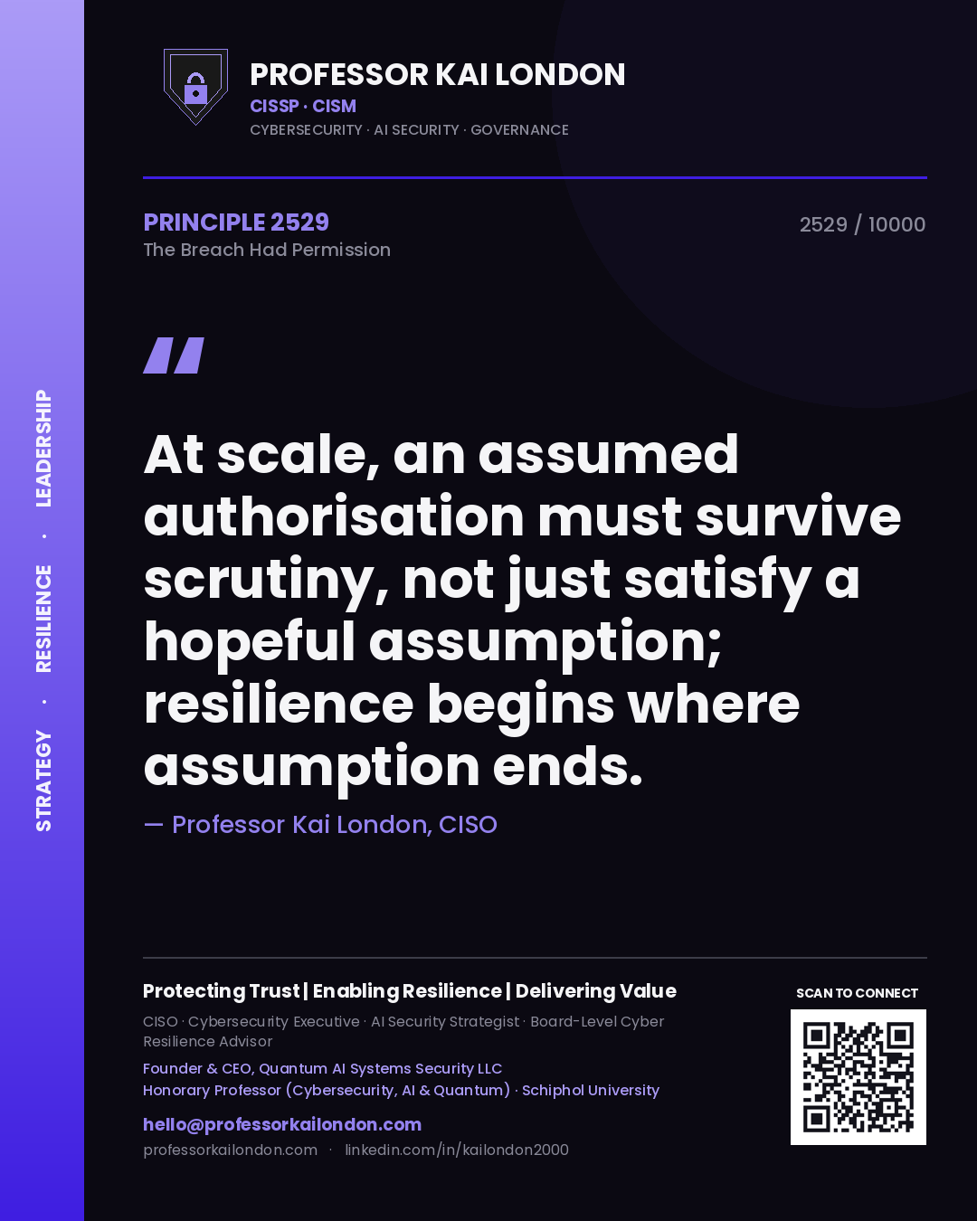 Professor Kai London principle 2529: At scale, an assumed authorisation must survive scrutiny, not just satisfy a hopeful assumption; resilience begins where assumption ends.