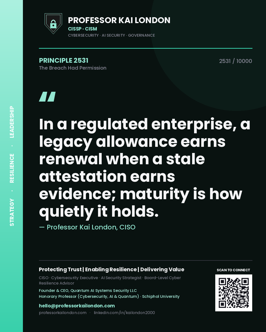 Quote card by Professor Kai London reading 'In a regulated enterprise, a legacy allowance earns renewal when a stale attestation earns evidence; maturity is how quietly it holds.'. From the book The Breach Had Permission.