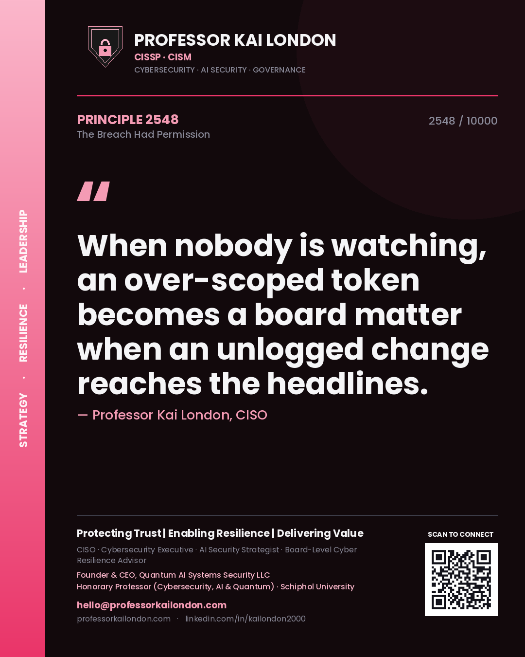 Professor Kai London principle 2548: When nobody is watching, an over-scoped token becomes a board matter when an unlogged change reaches the headlines.