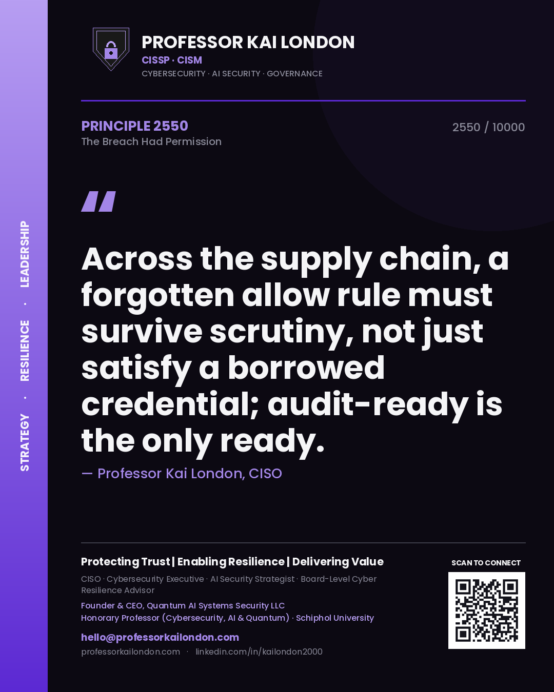 Professor Kai London principle 2550: Across the supply chain, a forgotten allow rule must survive scrutiny, not just satisfy a borrowed credential; audit-ready is the only ready.