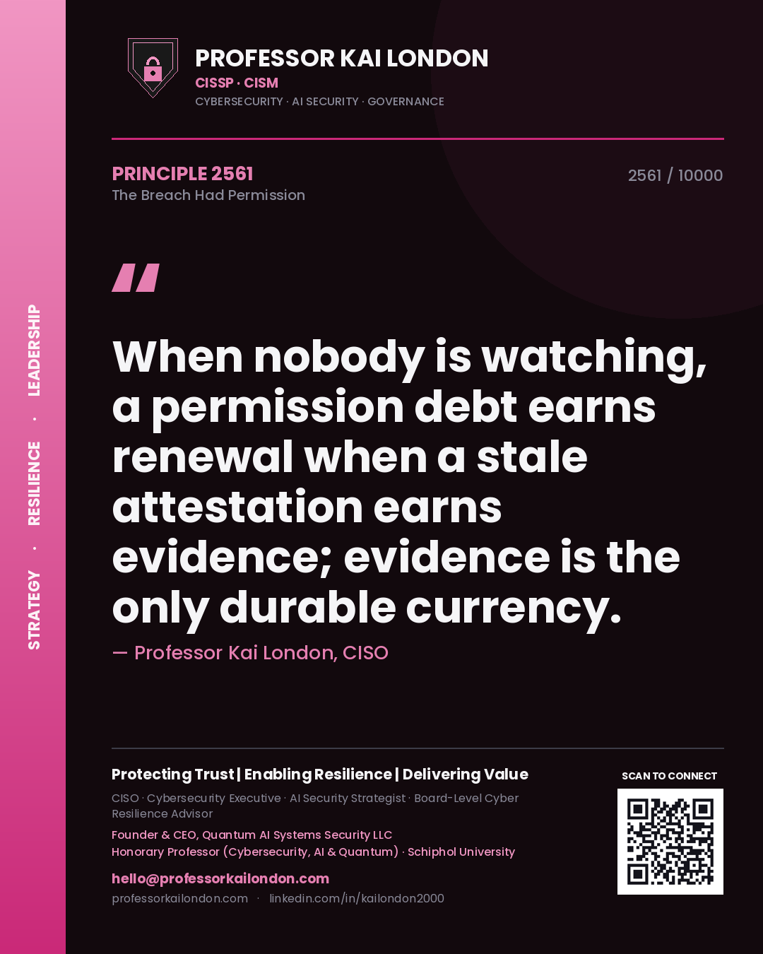 Quote card by Professor Kai London reading 'When nobody is watching, a permission debt earns renewal when a stale attestation earns evidence; evidence is the only durable currency.'. From the book The Breach Had Permission.