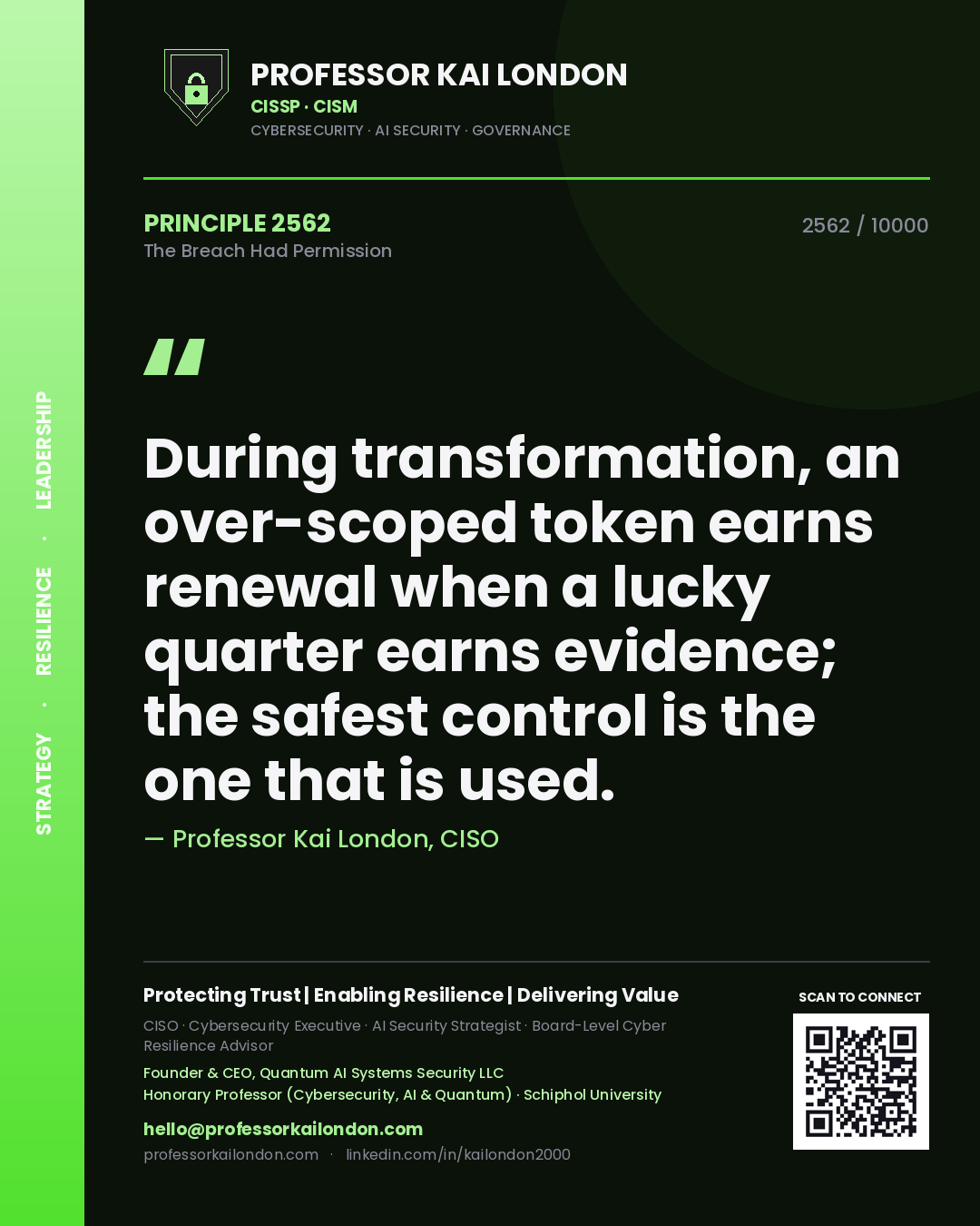 Professor Kai London principle 2562: During transformation, an over-scoped token earns renewal when a lucky quarter earns evidence; the safest control is the one that is used.