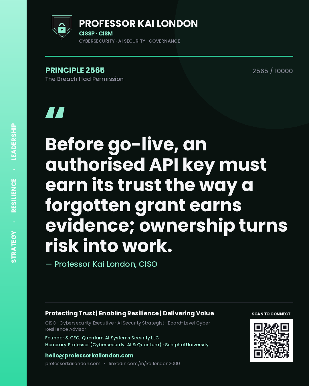 Professor Kai London principle 2565: Before go-live, an authorised API key must earn its trust the way a forgotten grant earns evidence; ownership turns risk into work.