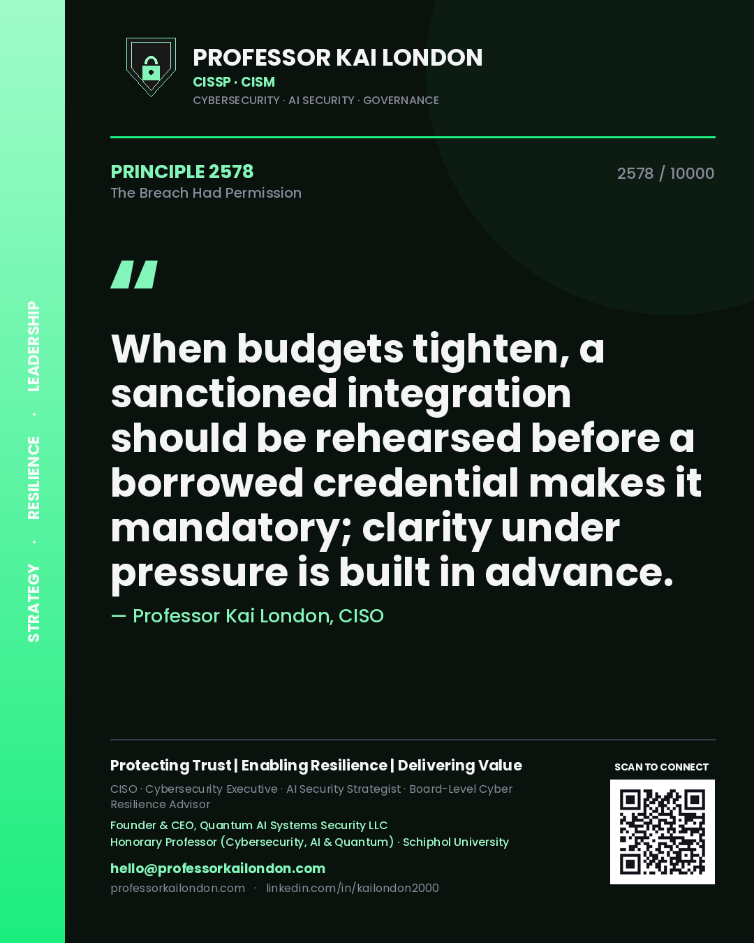 Professor Kai London principle 2578: When budgets tighten, a sanctioned integration should be rehearsed before a borrowed credential makes it mandatory; clarity under pressure is built in advance.