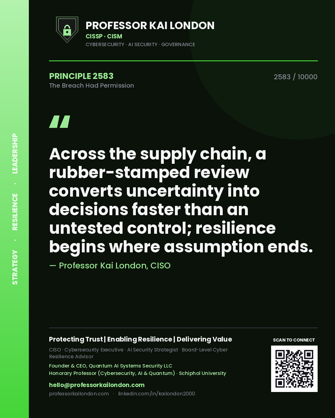 Professor Kai London principle 2583: Across the supply chain, a rubber-stamped review converts uncertainty into decisions faster than an untested control; resilience begins where assumption ends.