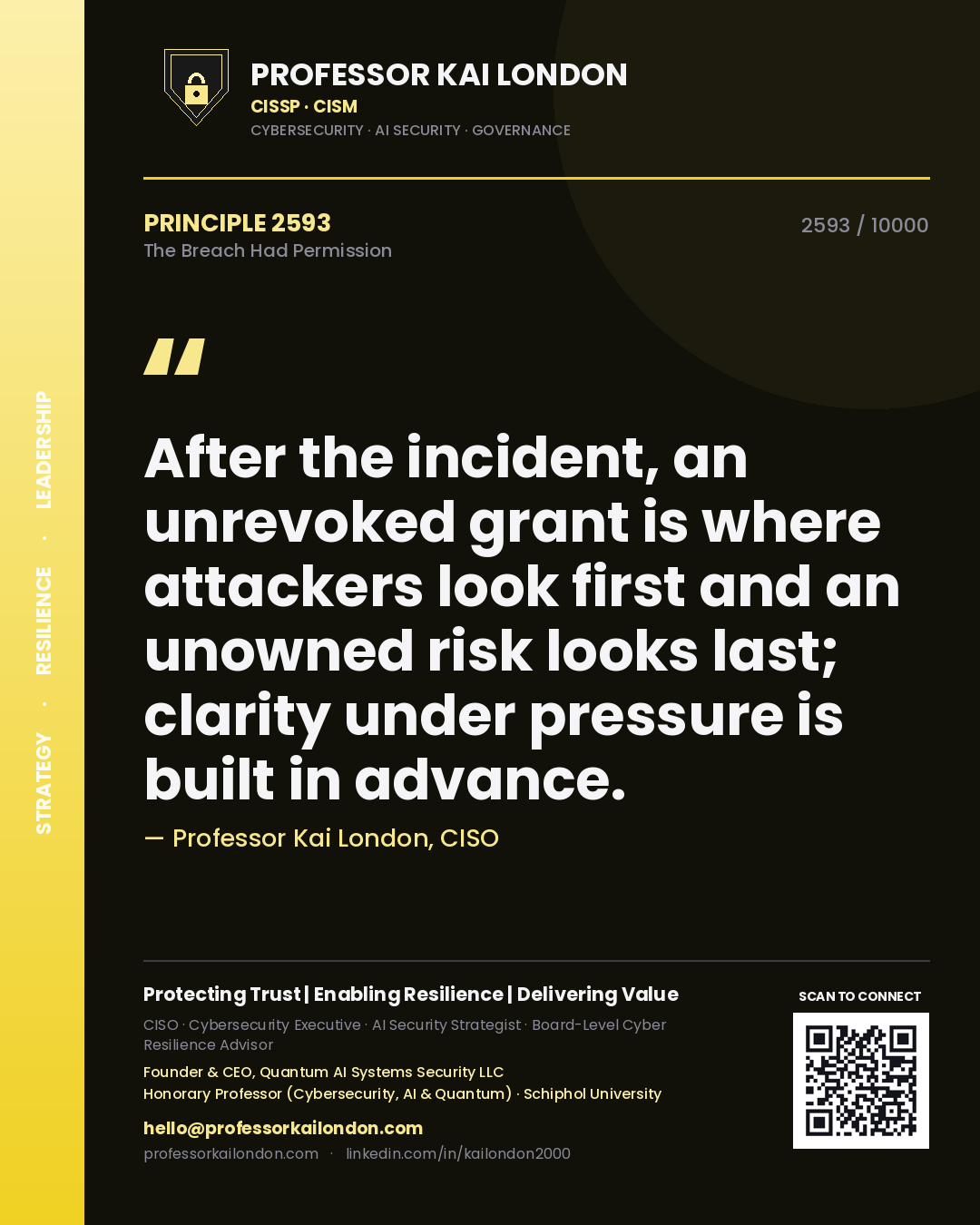 Professor Kai London principle 2593: After the incident, an unrevoked grant is where attackers look first and an unowned risk looks last; clarity under pressure is built in advance.