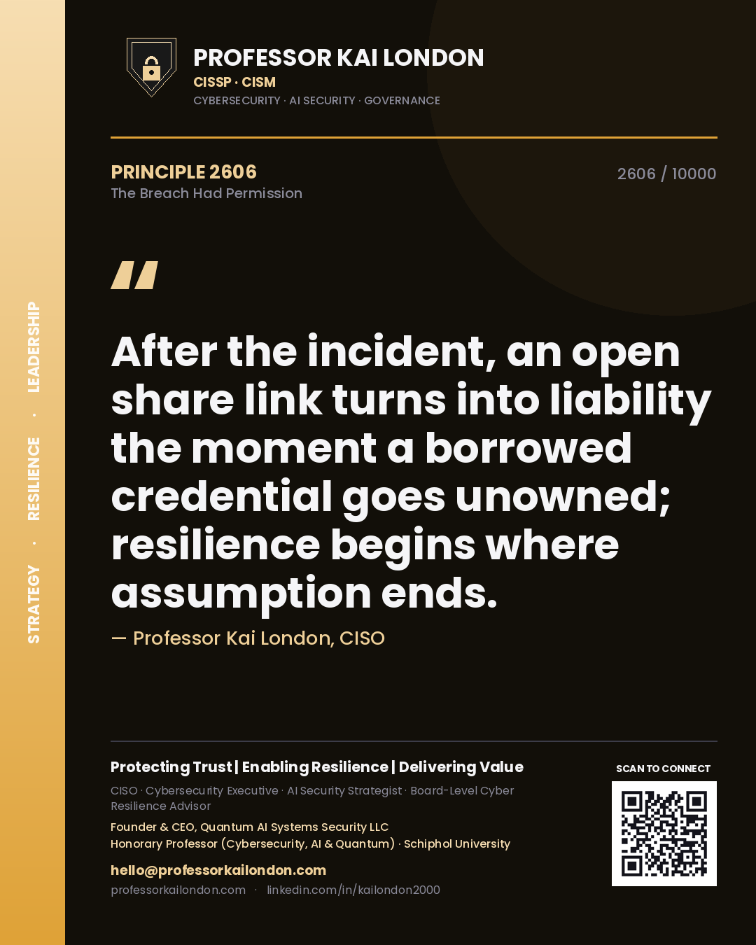 Quote card by Professor Kai London reading 'After the incident, an open share link turns into liability the moment a borrowed credential goes unowned; resilience begins where assumption ends.'. From the book The Breach Had Permission.