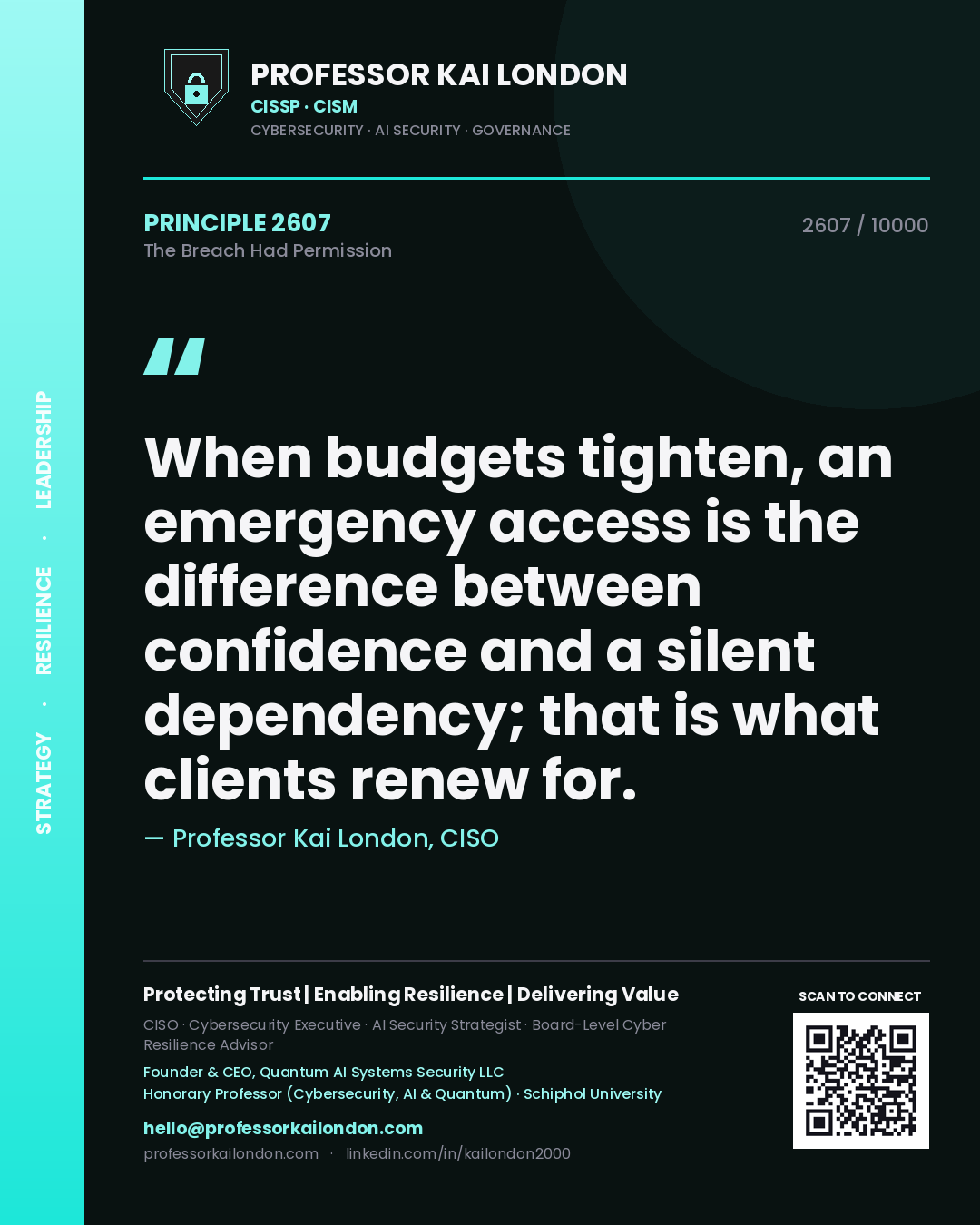 Professor Kai London principle 2607: When budgets tighten, an emergency access is the difference between confidence and a silent dependency; that is what clients renew for.