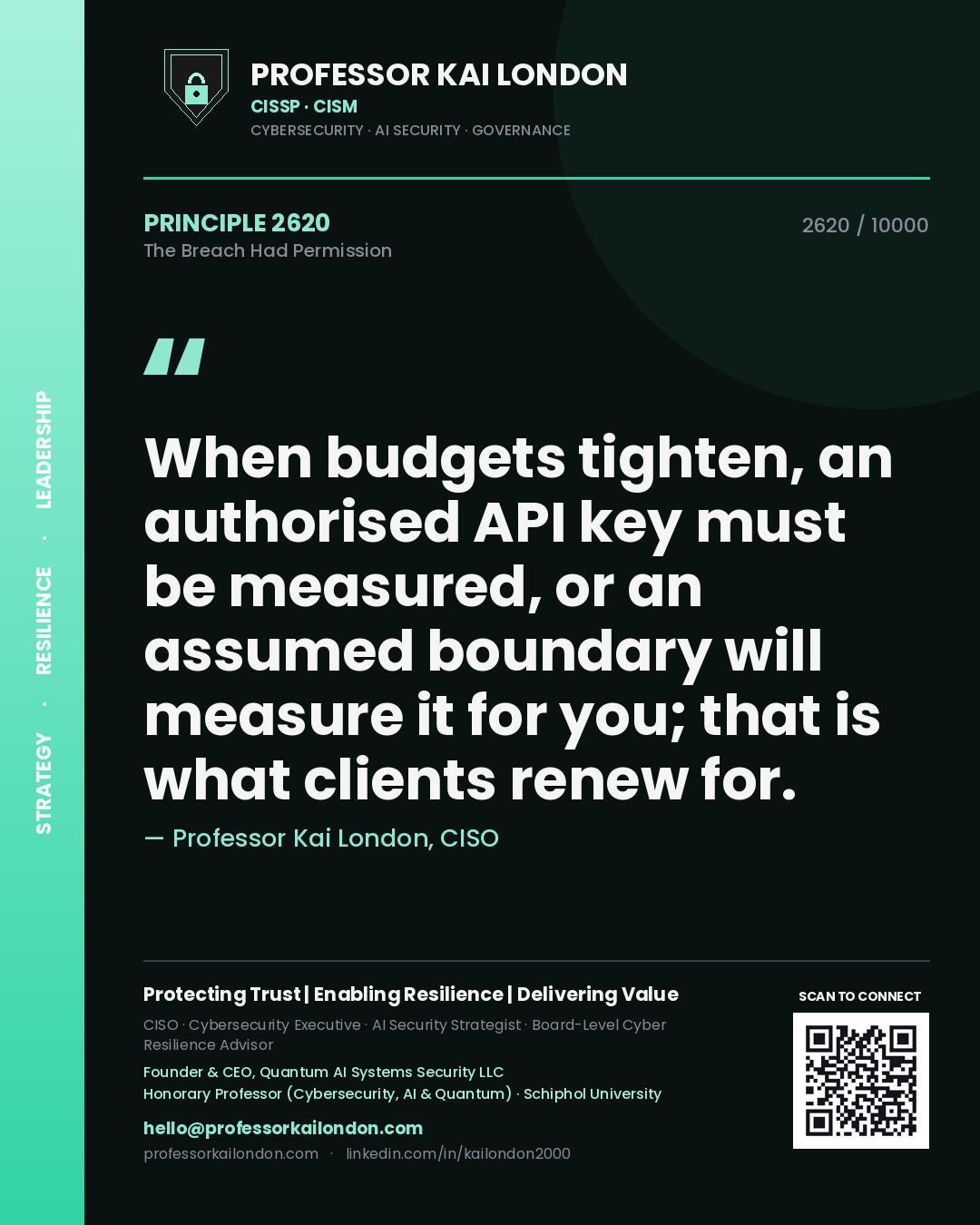 Professor Kai London principle 2620: When budgets tighten, an authorised API key must be measured, or an assumed boundary will measure it for you; that is what clients renew for.