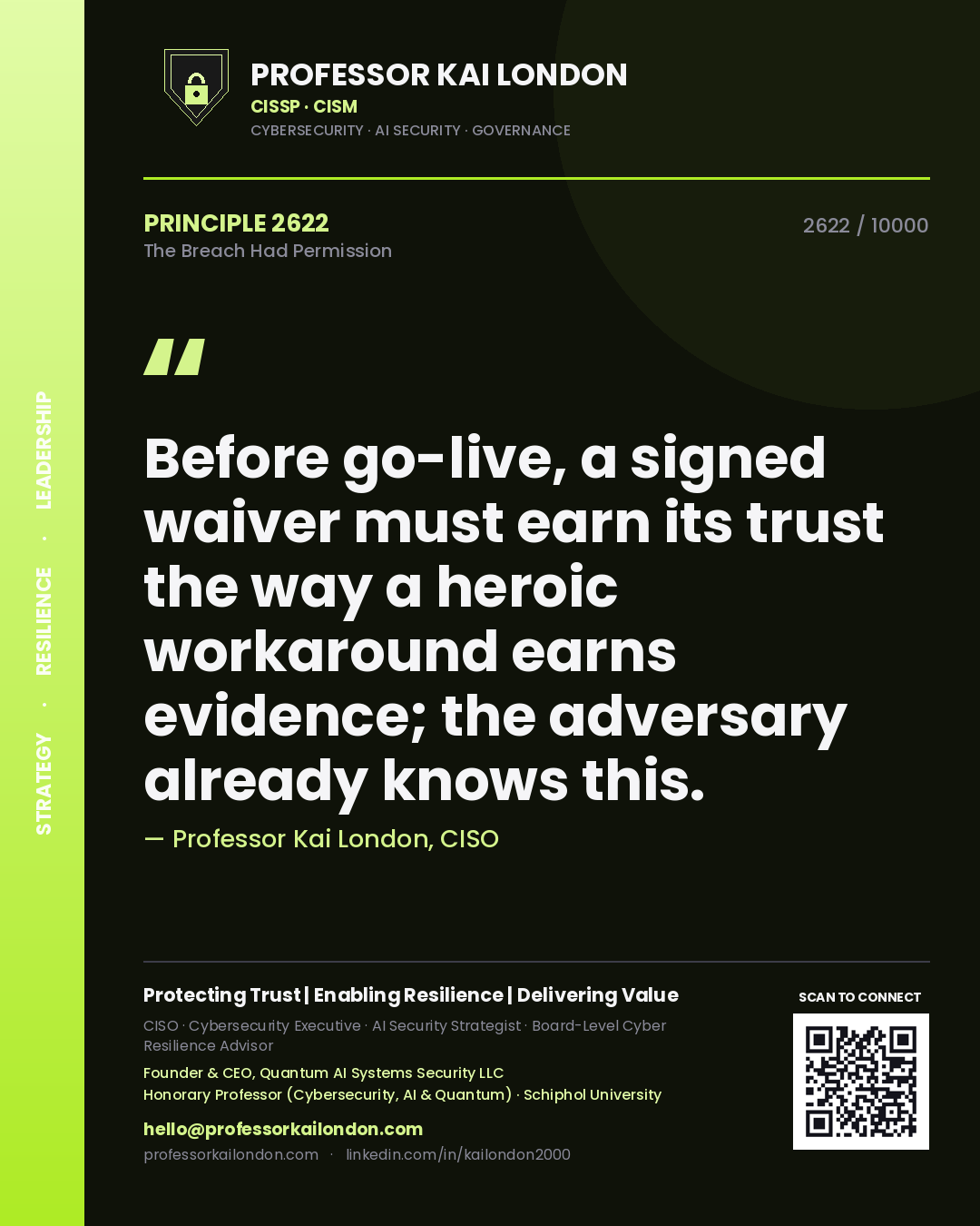 Professor Kai London principle 2622: Before go-live, a signed waiver must earn its trust the way a heroic workaround earns evidence; the adversary already knows this.