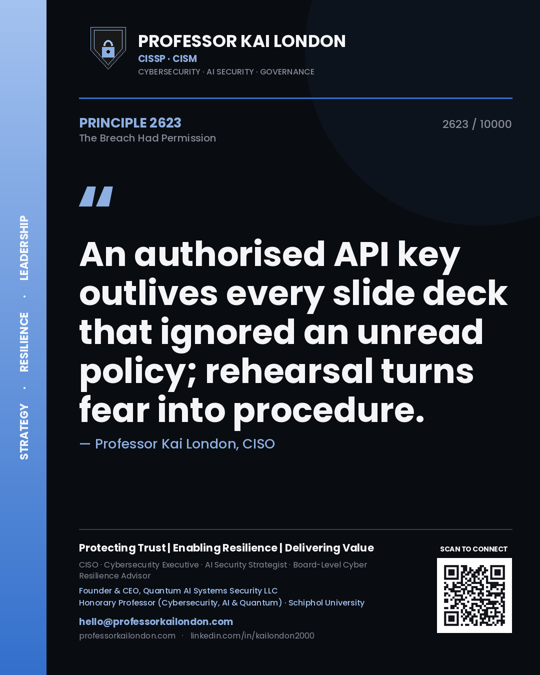 Quote card by Professor Kai London reading 'An authorised API key outlives every slide deck that ignored an unread policy; rehearsal turns fear into procedure.'. From the book The Breach Had Permission.