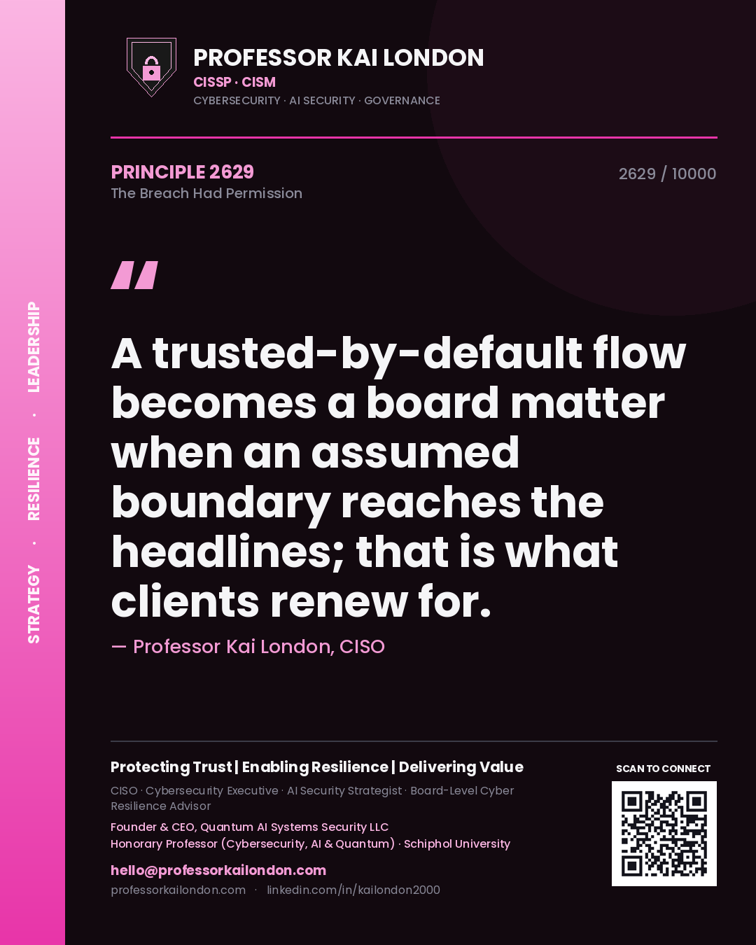 Professor Kai London principle 2629: A trusted-by-default flow becomes a board matter when an assumed boundary reaches the headlines; that is what clients renew for.