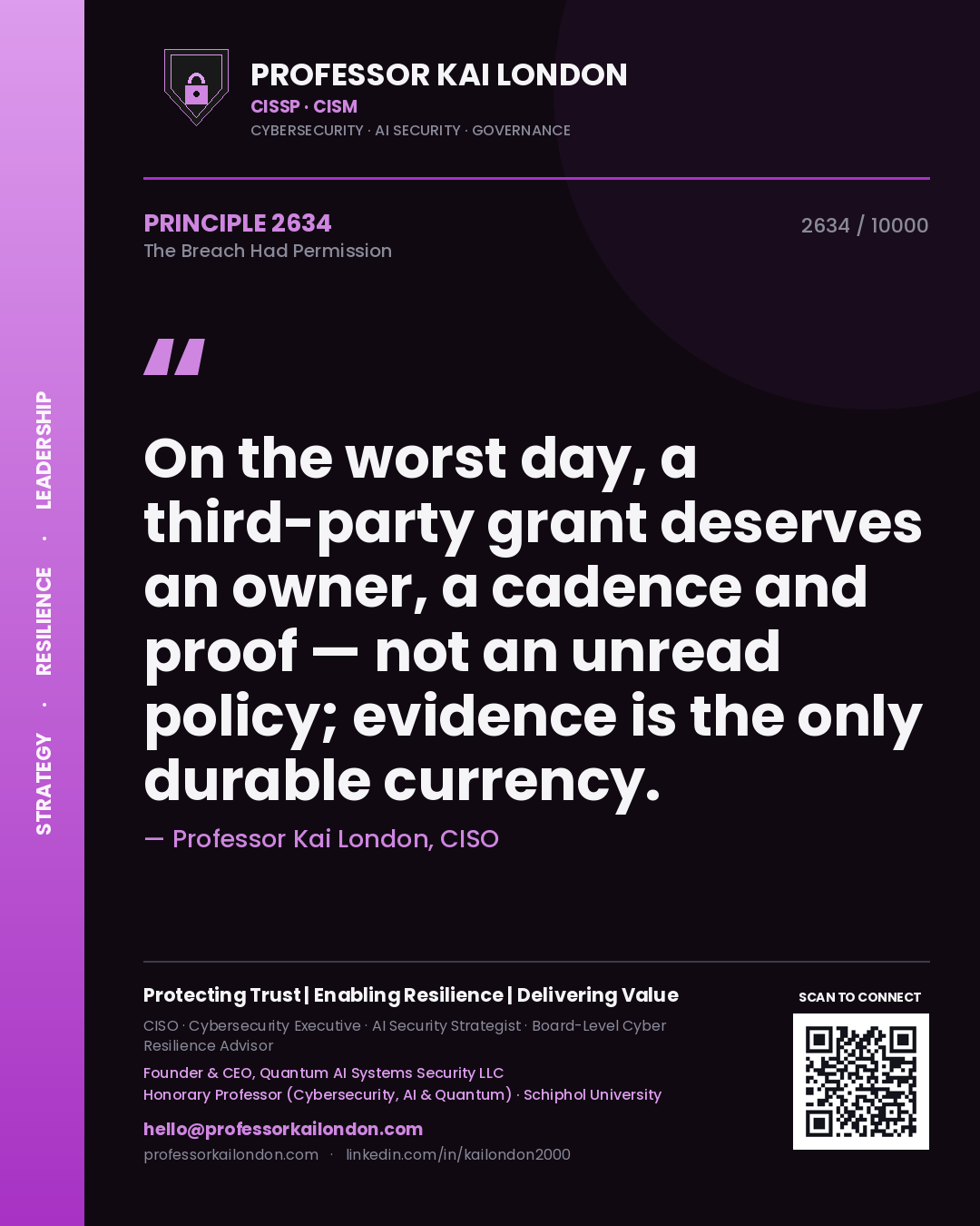 Professor Kai London principle 2634: On the worst day, a third-party grant deserves an owner, a cadence and proof — not an unread policy; evidence is the only durable currency.