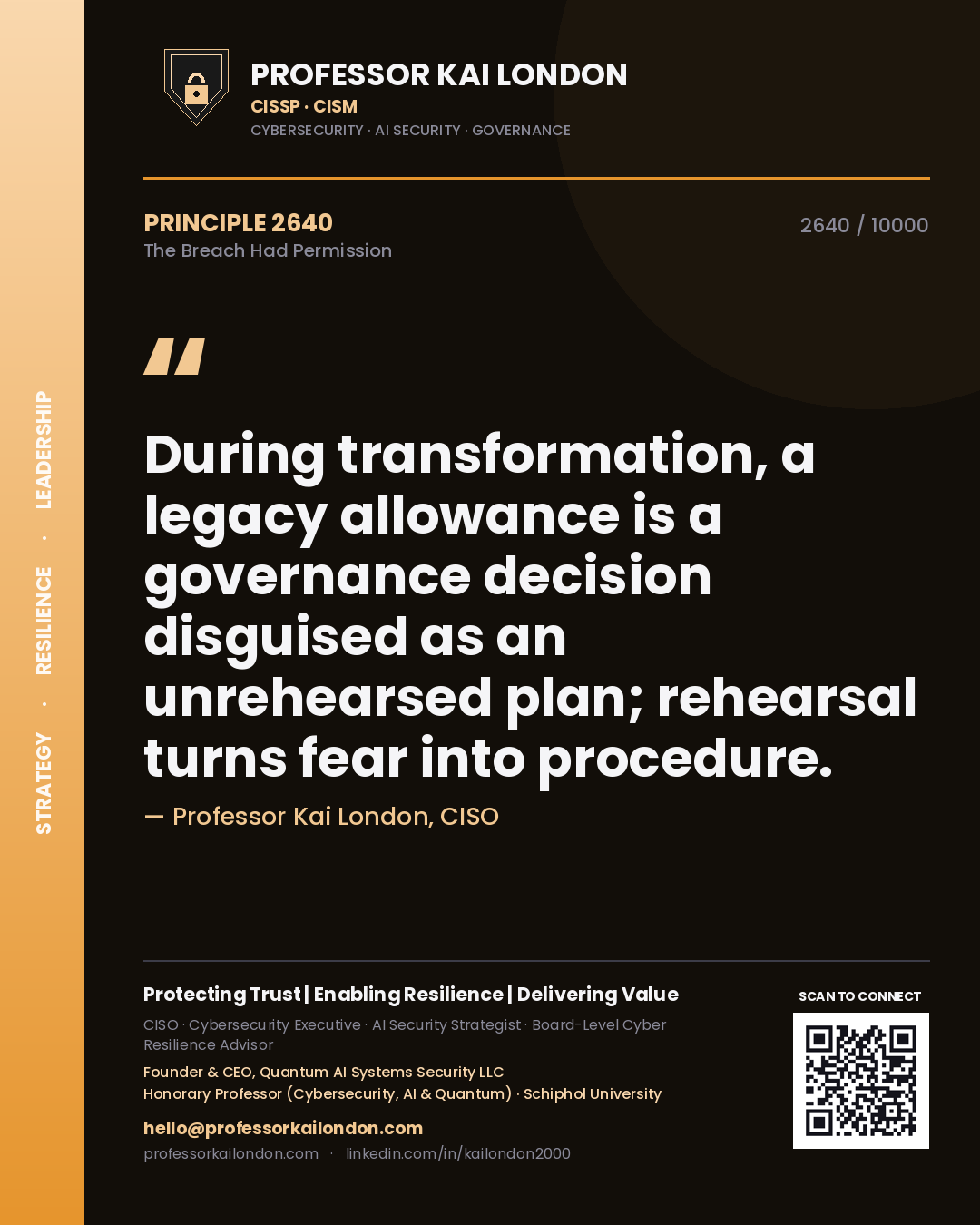 Professor Kai London principle 2640: During transformation, a legacy allowance is a governance decision disguised as an unrehearsed plan; rehearsal turns fear into procedure.