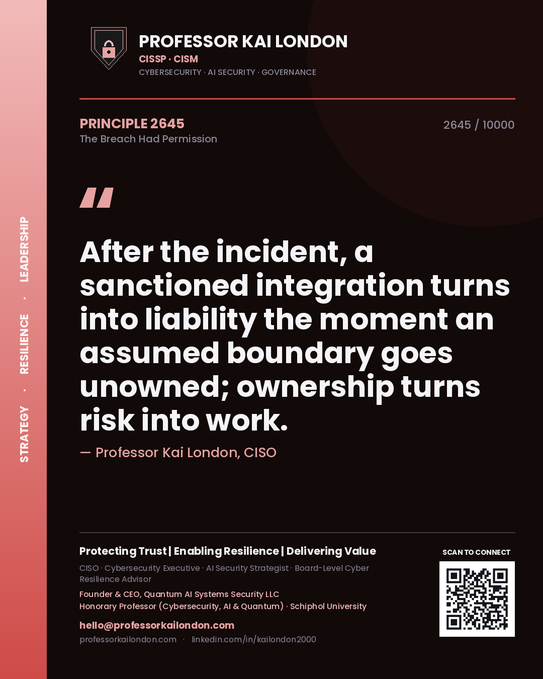 Professor Kai London principle 2645: After the incident, a sanctioned integration turns into liability the moment an assumed boundary goes unowned; ownership turns risk into work.