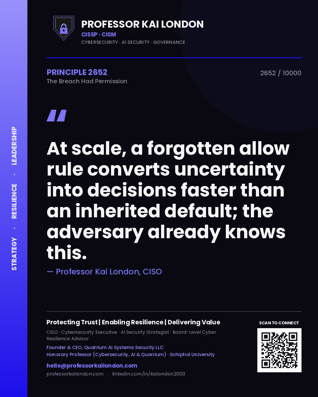 Professor Kai London principle 2652: At scale, a forgotten allow rule converts uncertainty into decisions faster than an inherited default; the adversary already knows this.