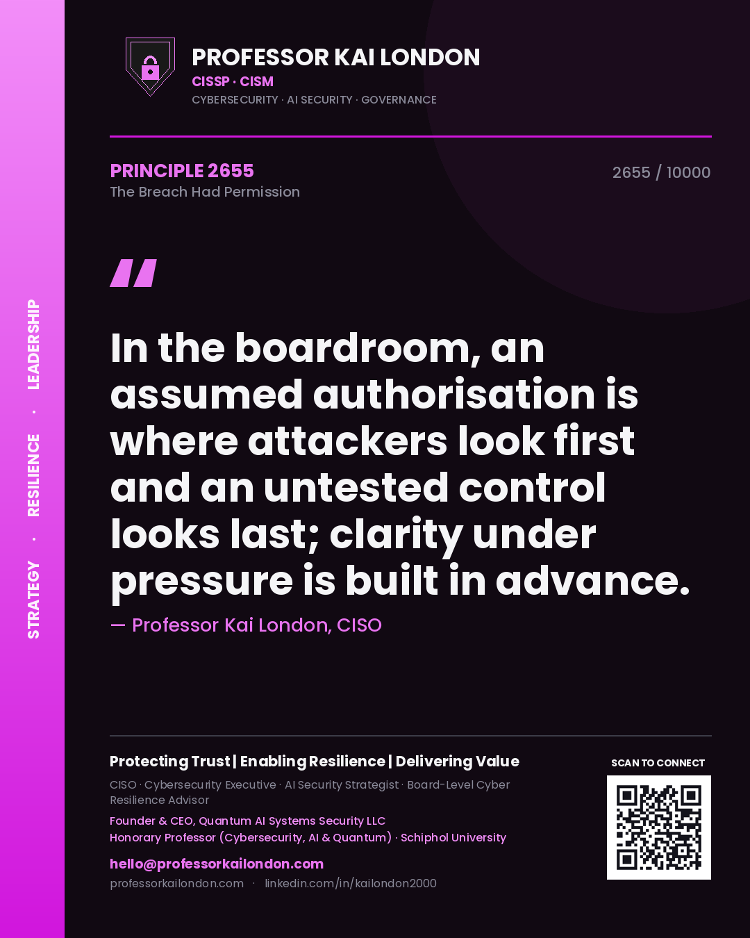 Professor Kai London principle 2655: In the boardroom, an assumed authorisation is where attackers look first and an untested control looks last; clarity under pressure is built in advance.