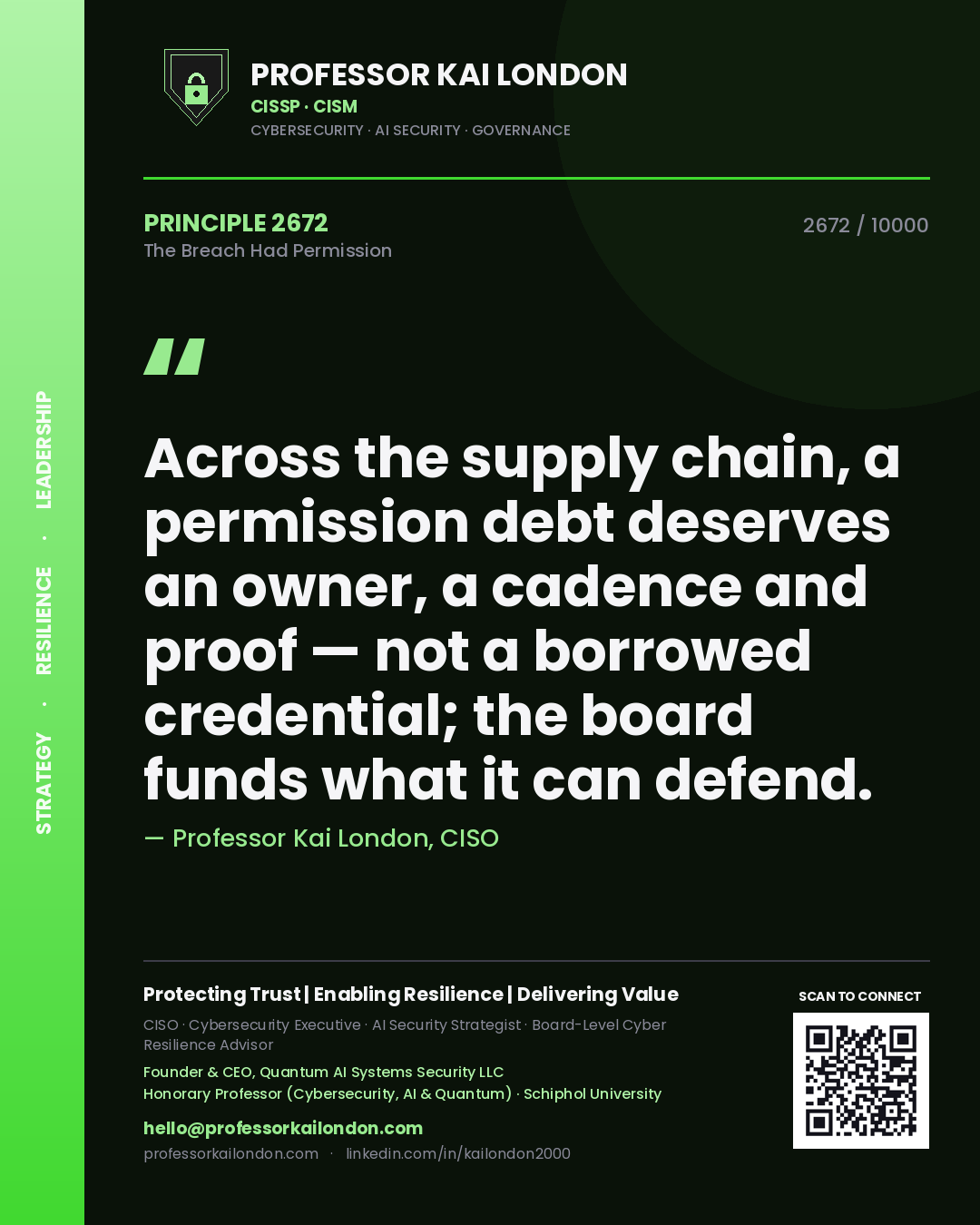 Professor Kai London principle 2672: Across the supply chain, a permission debt deserves an owner, a cadence and proof — not a borrowed credential; the board funds what it can defend.