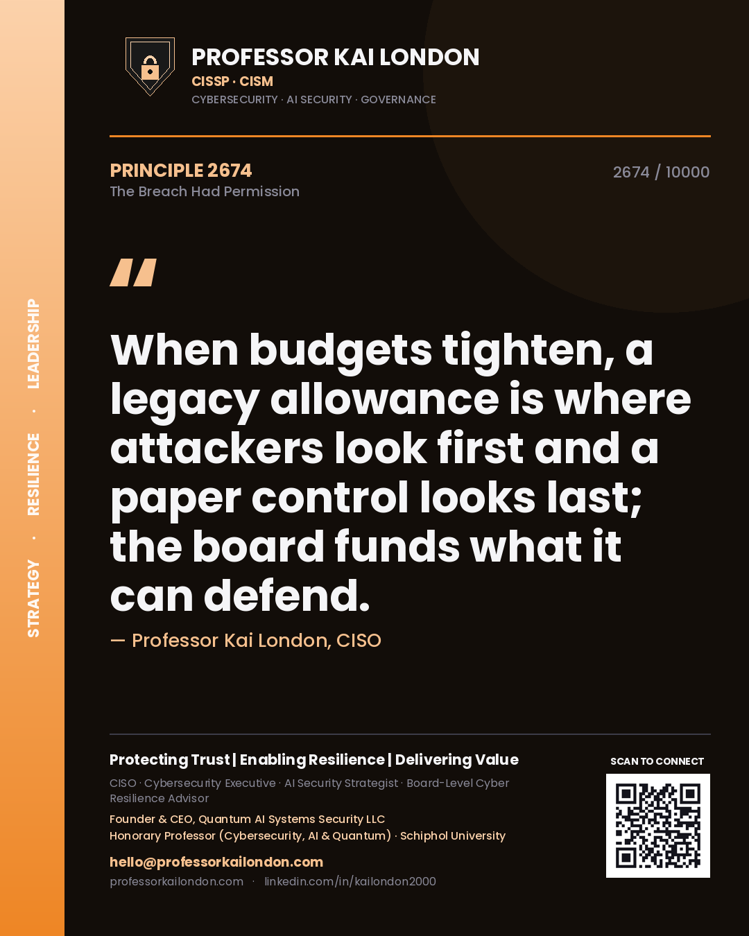 Professor Kai London principle 2674: When budgets tighten, a legacy allowance is where attackers look first and a paper control looks last; the board funds what it can defend.
