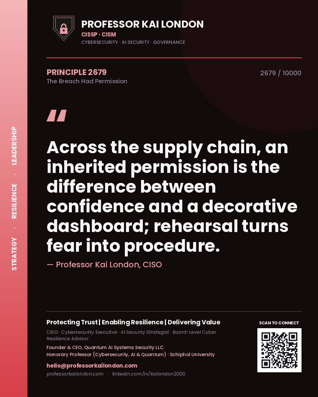 Professor Kai London principle 2679: Across the supply chain, an inherited permission is the difference between confidence and a decorative dashboard; rehearsal turns fear into procedure.
