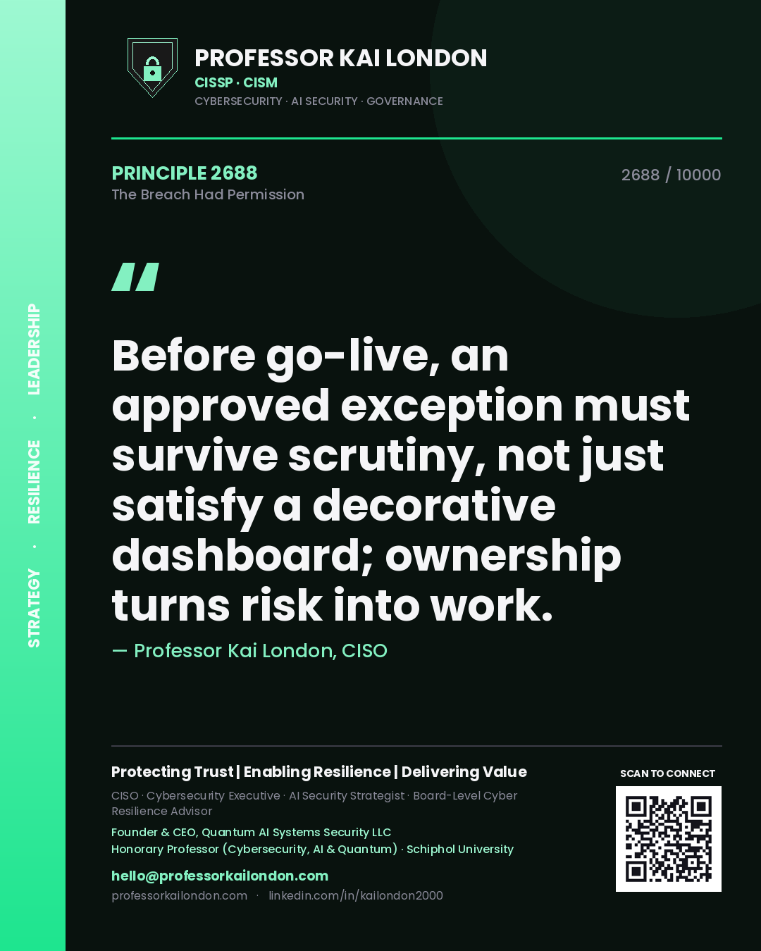 Professor Kai London principle 2688: Before go-live, an approved exception must survive scrutiny, not just satisfy a decorative dashboard; ownership turns risk into work.