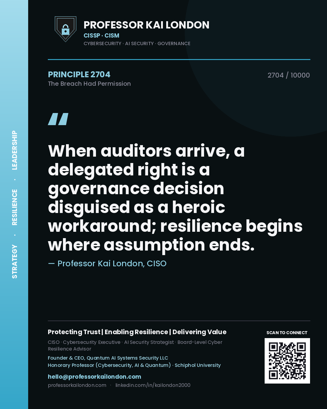 Quote card by Professor Kai London reading 'When auditors arrive, a delegated right is a governance decision disguised as a heroic workaround; resilience begins where assumption ends.'. From the book The Breach Had Permission.