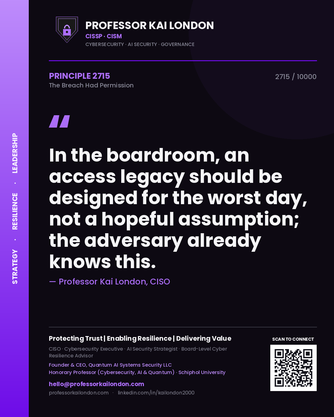 Professor Kai London principle 2715: In the boardroom, an access legacy should be designed for the worst day, not a hopeful assumption; the adversary already knows this.
