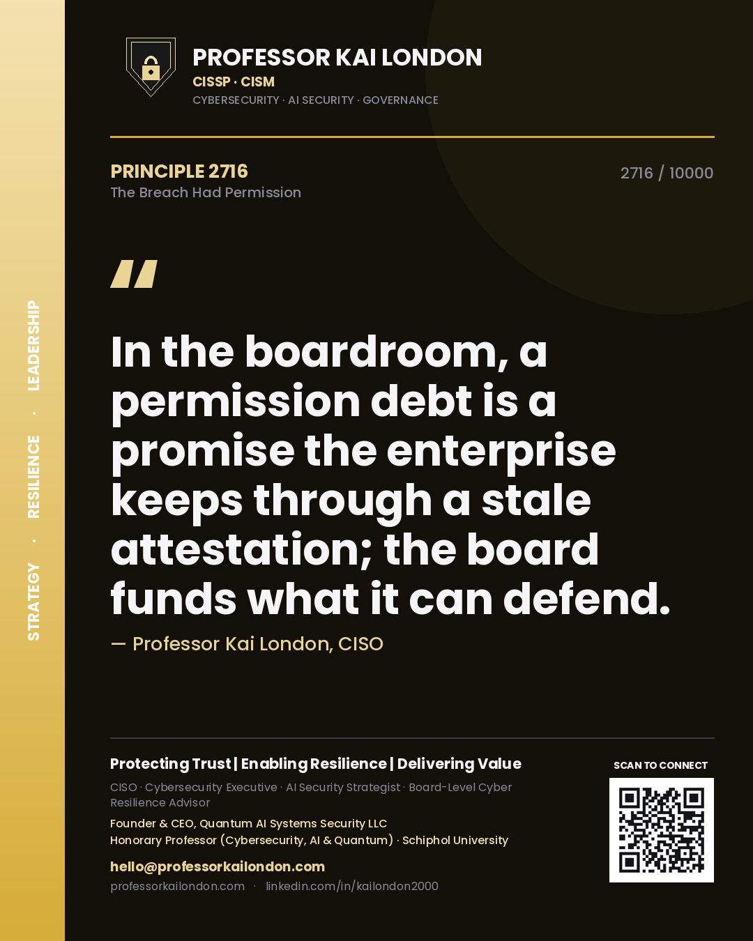 Professor Kai London principle 2716: In the boardroom, a permission debt is a promise the enterprise keeps through a stale attestation; the board funds what it can defend.