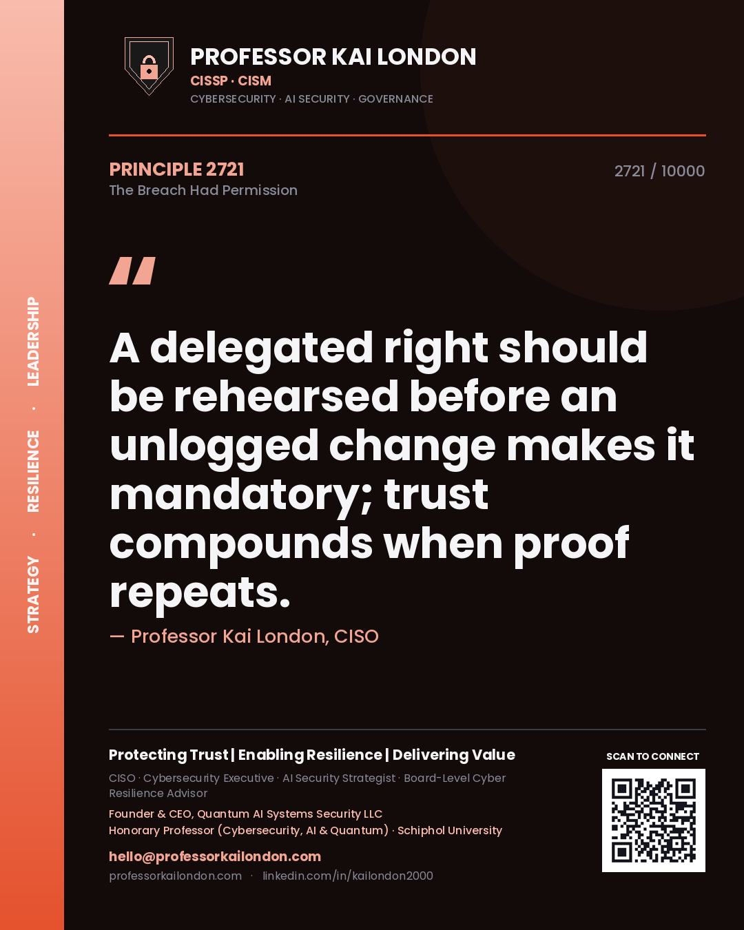 Professor Kai London principle 2721: A delegated right should be rehearsed before an unlogged change makes it mandatory; trust compounds when proof repeats.