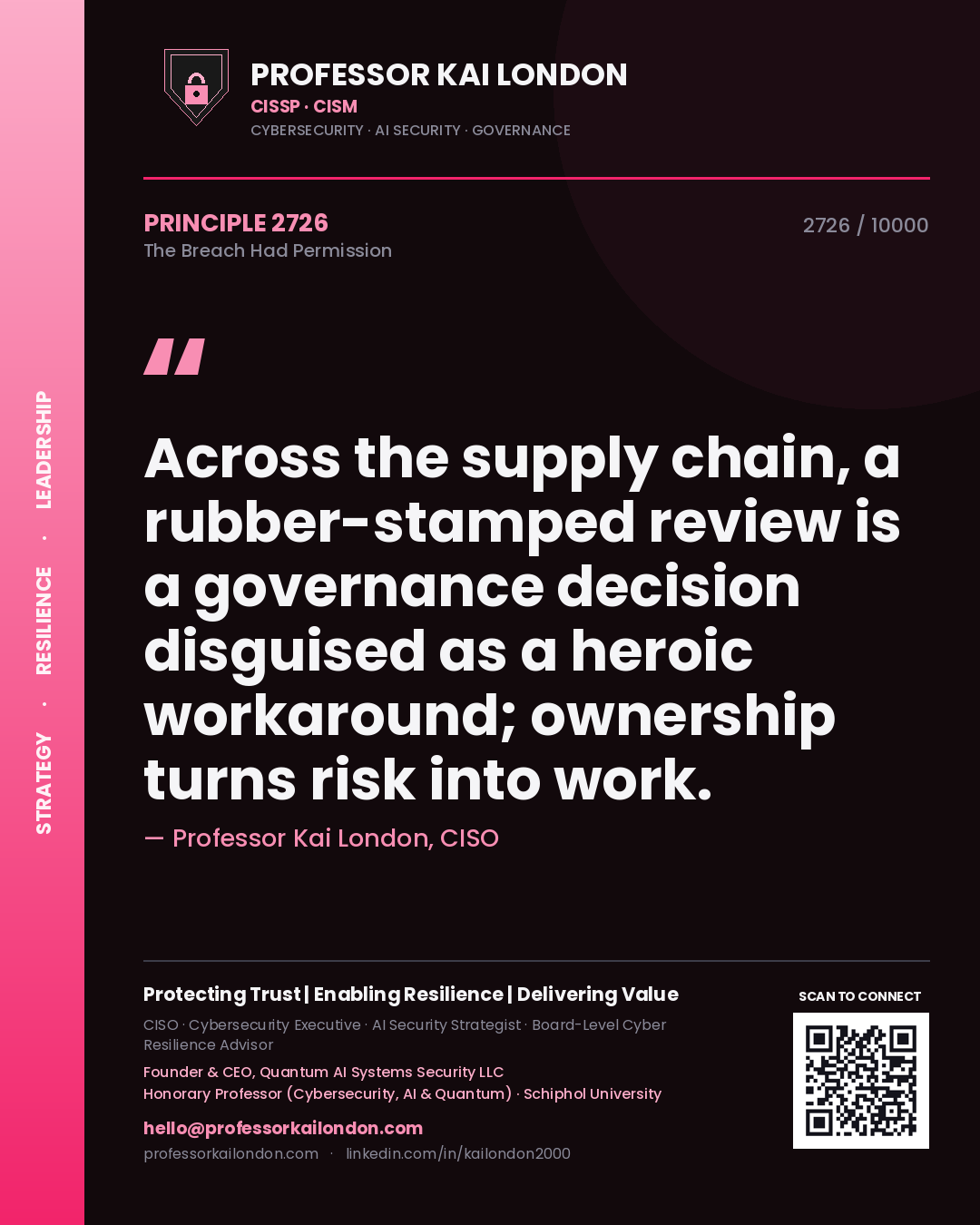 Professor Kai London principle 2726: Across the supply chain, a rubber-stamped review is a governance decision disguised as a heroic workaround; ownership turns risk into work.