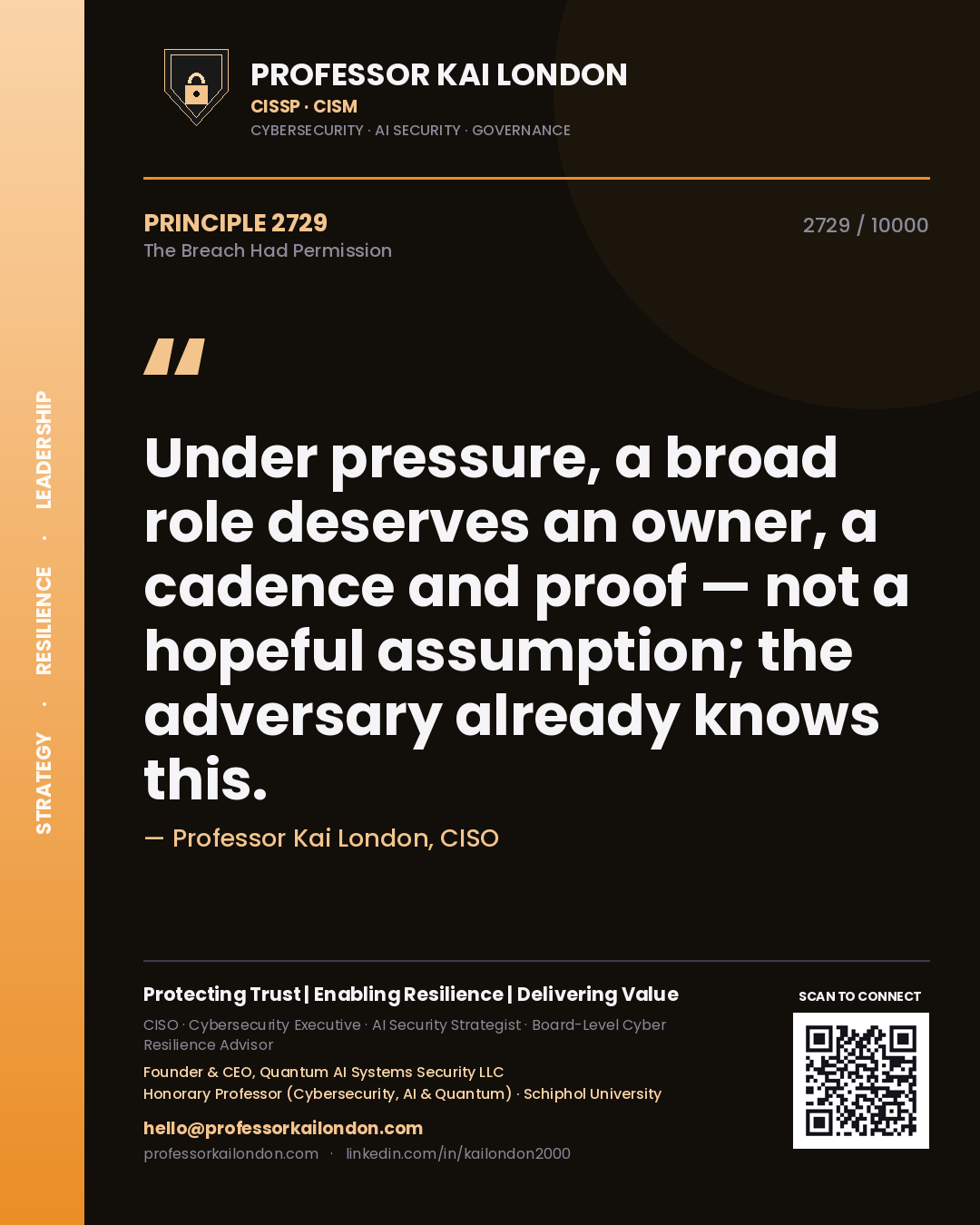 Professor Kai London principle 2729: Under pressure, a broad role deserves an owner, a cadence and proof — not a hopeful assumption; the adversary already knows this.