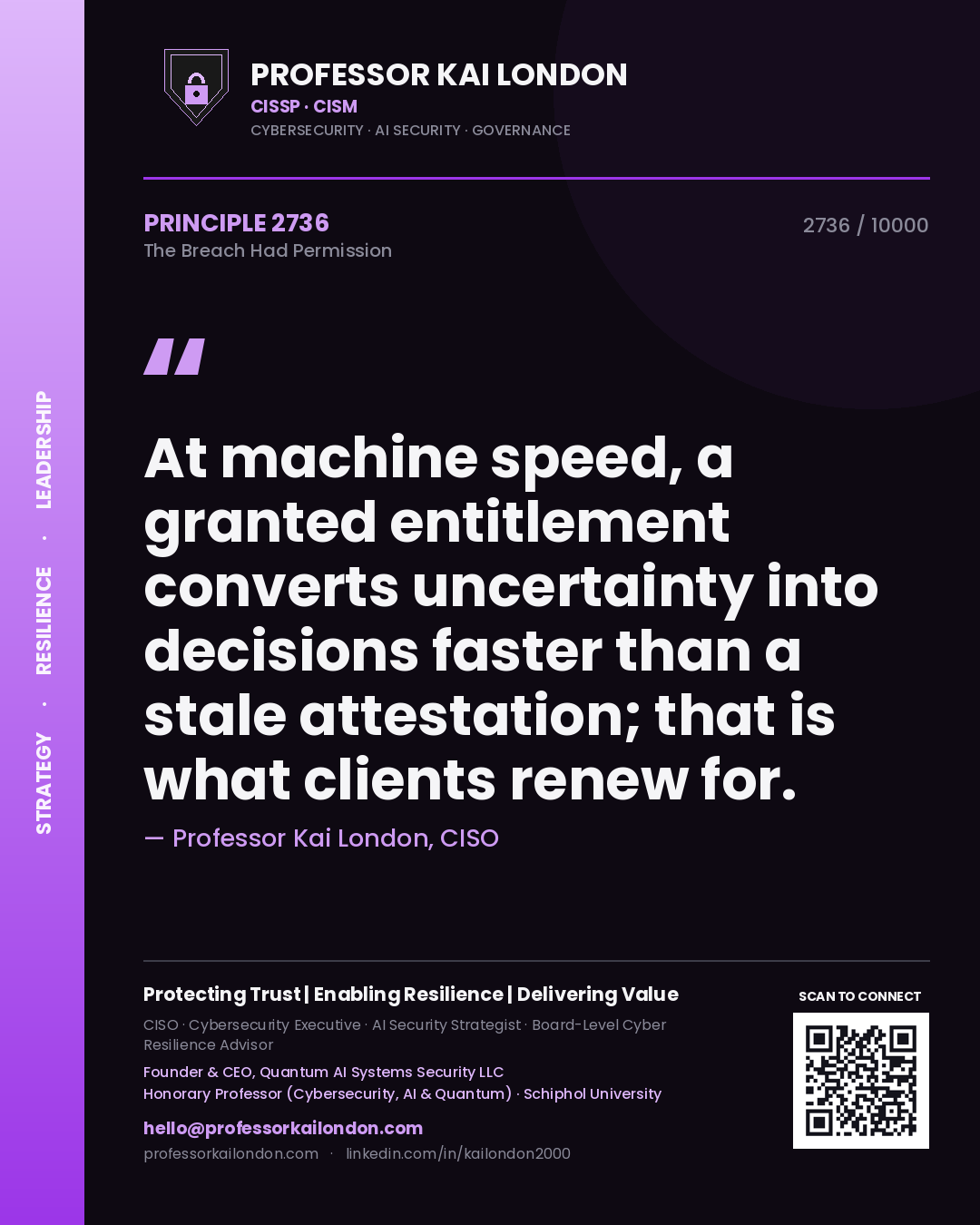 Quote card by Professor Kai London reading 'At machine speed, a granted entitlement converts uncertainty into decisions faster than a stale attestation; that is what clients renew for.'. From the book The Breach Had Permission.