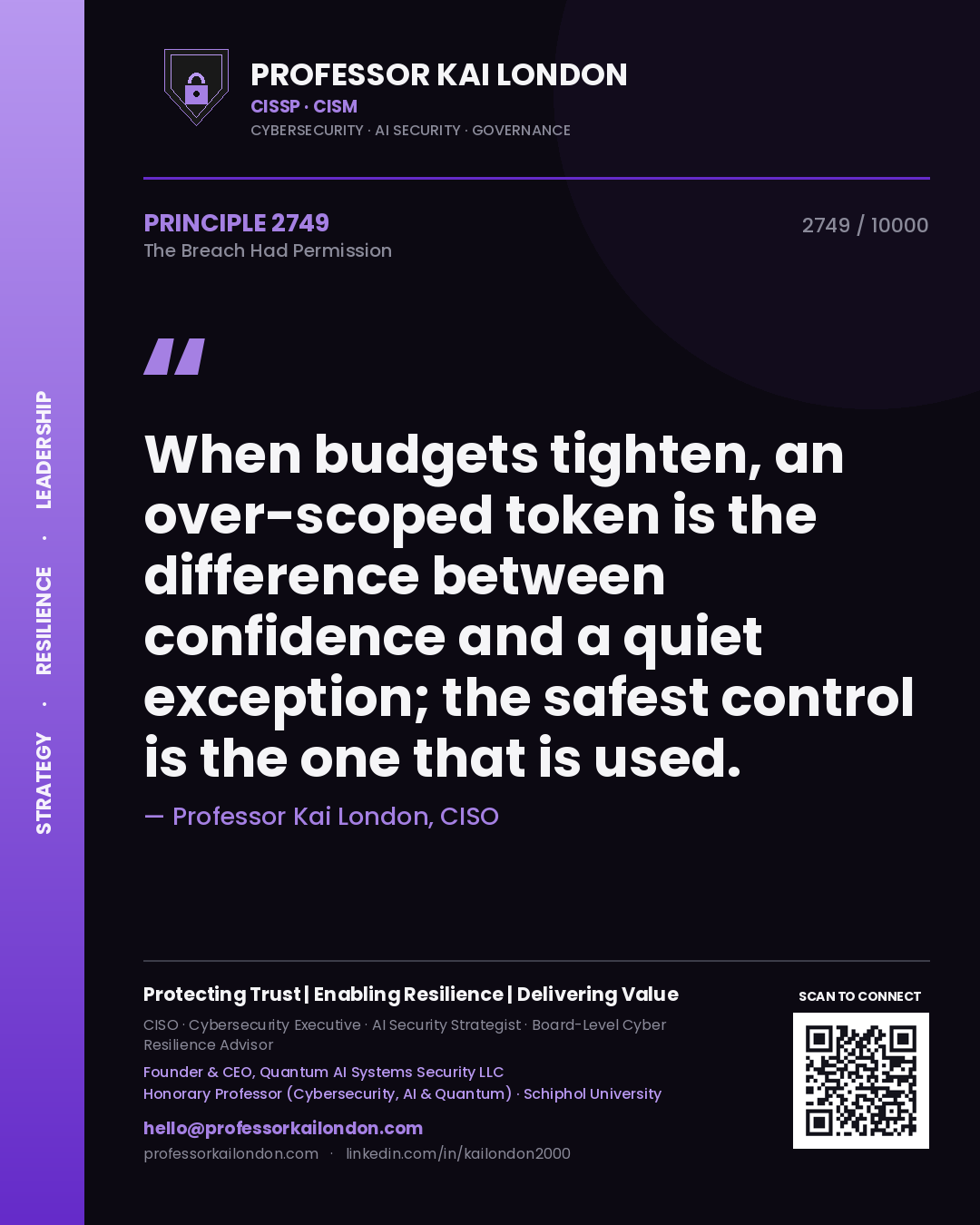 Quote card by Professor Kai London reading 'When budgets tighten, an over-scoped token is the difference between confidence and a quiet exception; the safest control is the one that is used.'. From the book The Breach Had Permission.