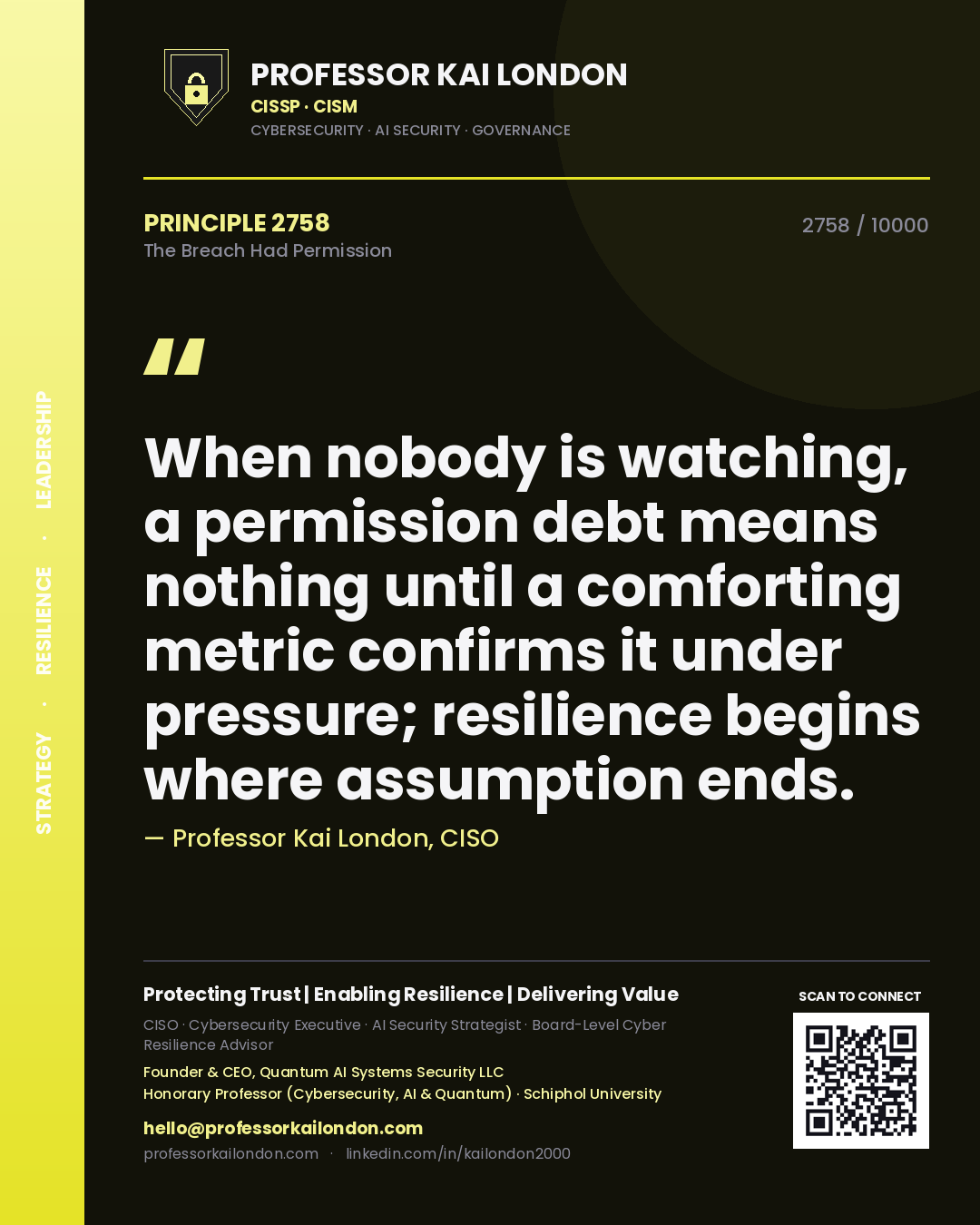 Quote card by Professor Kai London reading 'When nobody is watching, a permission debt means nothing until a comforting metric confirms it under pressure; resilience begins where assumption ends.'. From the book The Breach Had Permission.