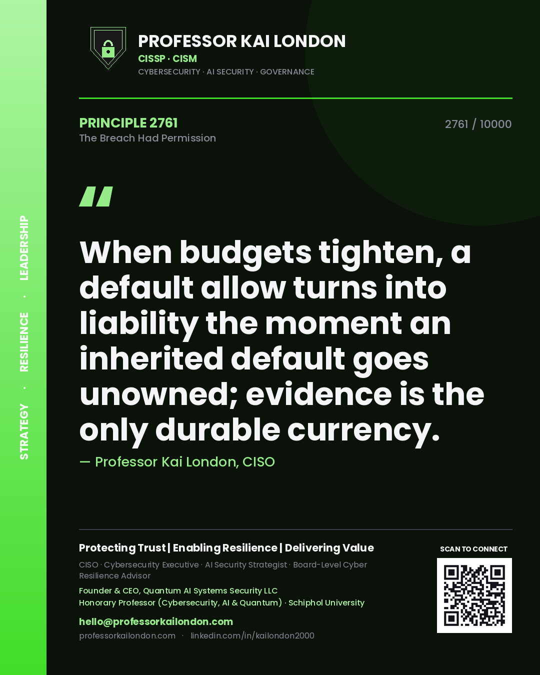 Professor Kai London principle 2761: When budgets tighten, a default allow turns into liability the moment an inherited default goes unowned; evidence is the only durable currency.