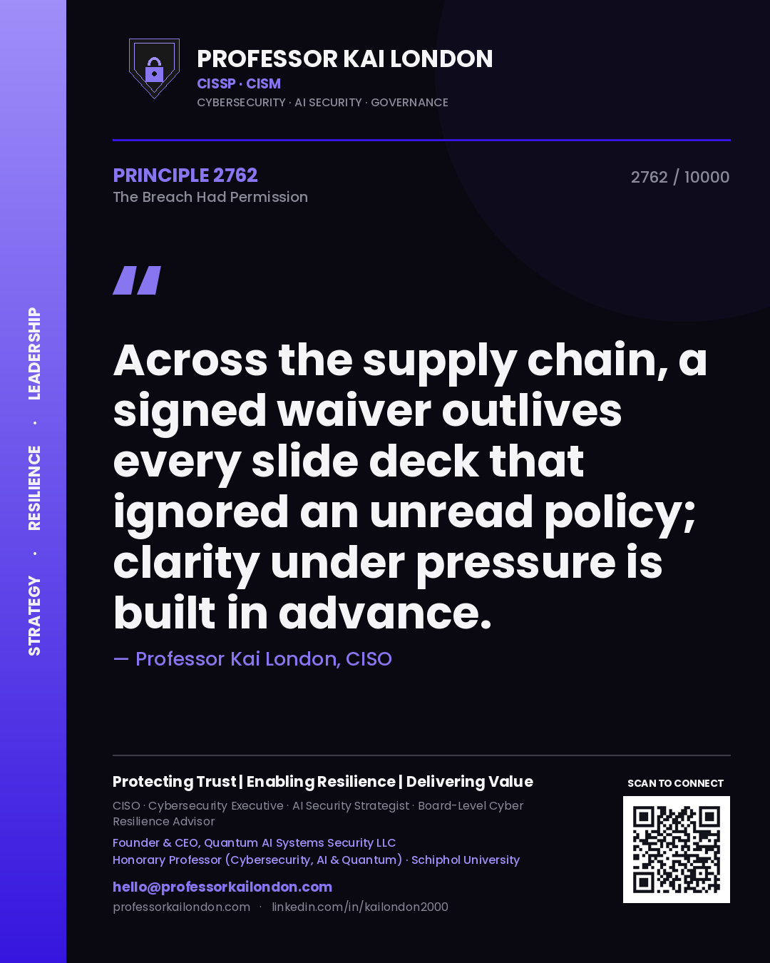 Quote card by Professor Kai London reading 'Across the supply chain, a signed waiver outlives every slide deck that ignored an unread policy; clarity under pressure is built in advance.'. From the book The Breach Had Permission.