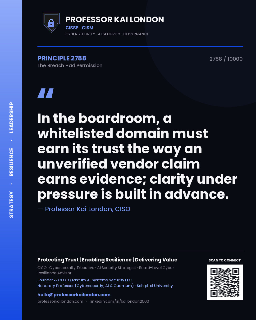 Professor Kai London principle 2788: In the boardroom, a whitelisted domain must earn its trust the way an unverified vendor claim earns evidence; clarity under pressure is built in advance.