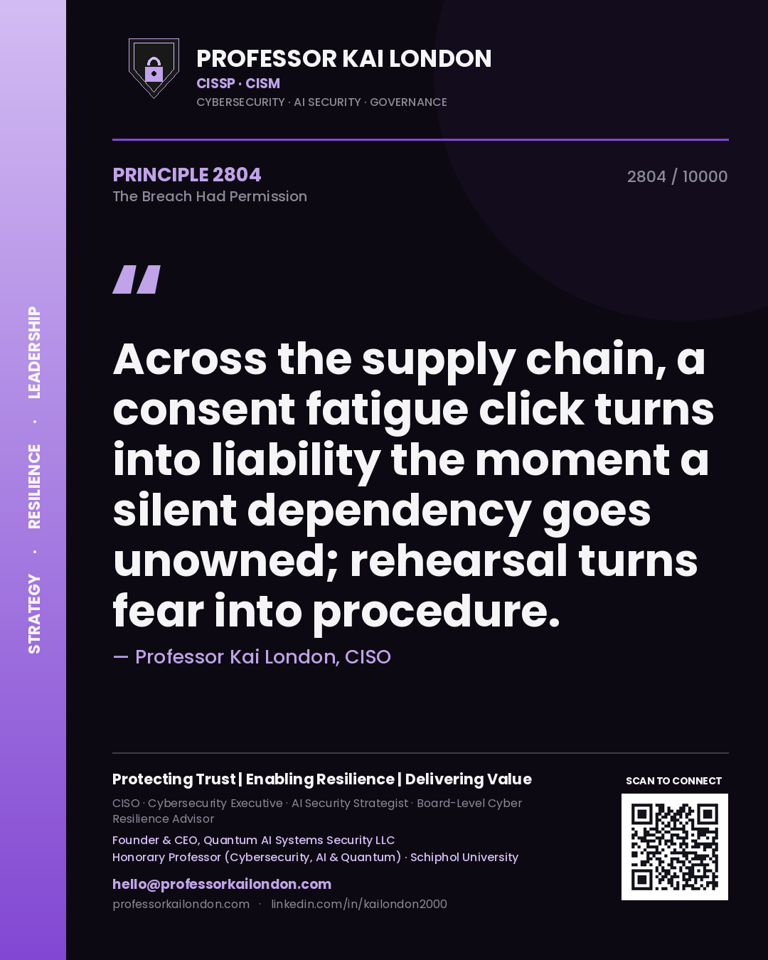 Professor Kai London principle 2804: Across the supply chain, a consent fatigue click turns into liability the moment a silent dependency goes unowned; rehearsal turns fear into procedure.