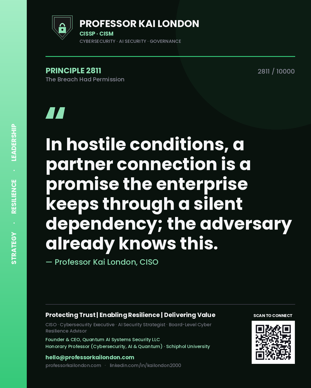 Quote card by Professor Kai London reading 'In hostile conditions, a partner connection is a promise the enterprise keeps through a silent dependency; the adversary already knows this.'. From the book The Breach Had Permission.