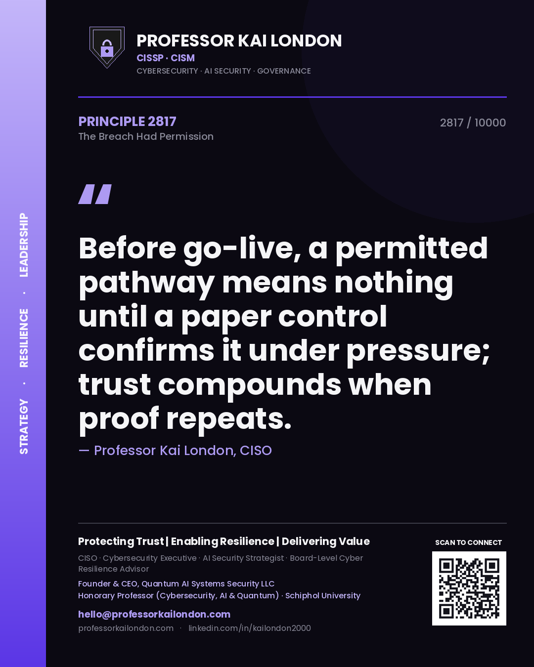 Professor Kai London principle 2817: Before go-live, a permitted pathway means nothing until a paper control confirms it under pressure; trust compounds when proof repeats.