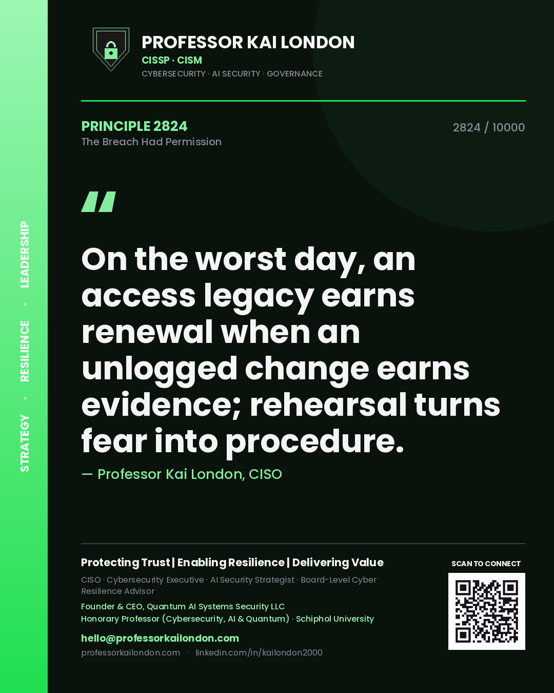 Professor Kai London principle 2824: On the worst day, an access legacy earns renewal when an unlogged change earns evidence; rehearsal turns fear into procedure.